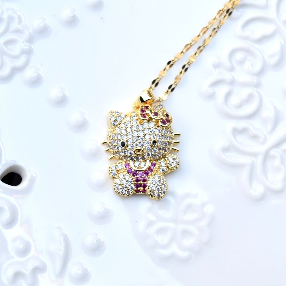 Crystal Kitty Cat Charm Golden Necklace - Sweet Style